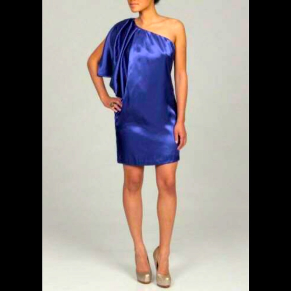 Sophia Christina “The Diana” Satin One Shoulder Draped Flutter Sleeve Blue Dress